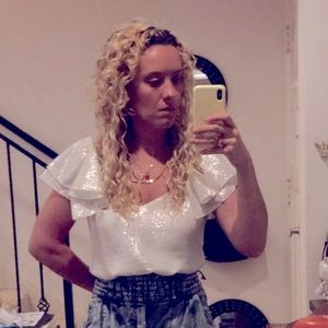 Fancy Kitson Small blouse top offshoulder silver metallic bustier strapless